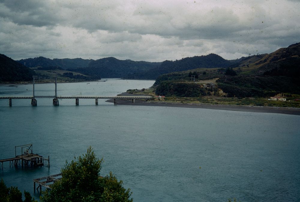 Panorama of the Mokau River looking upstream from right band at approaches of Mokau village .... (02 February 1960) by…