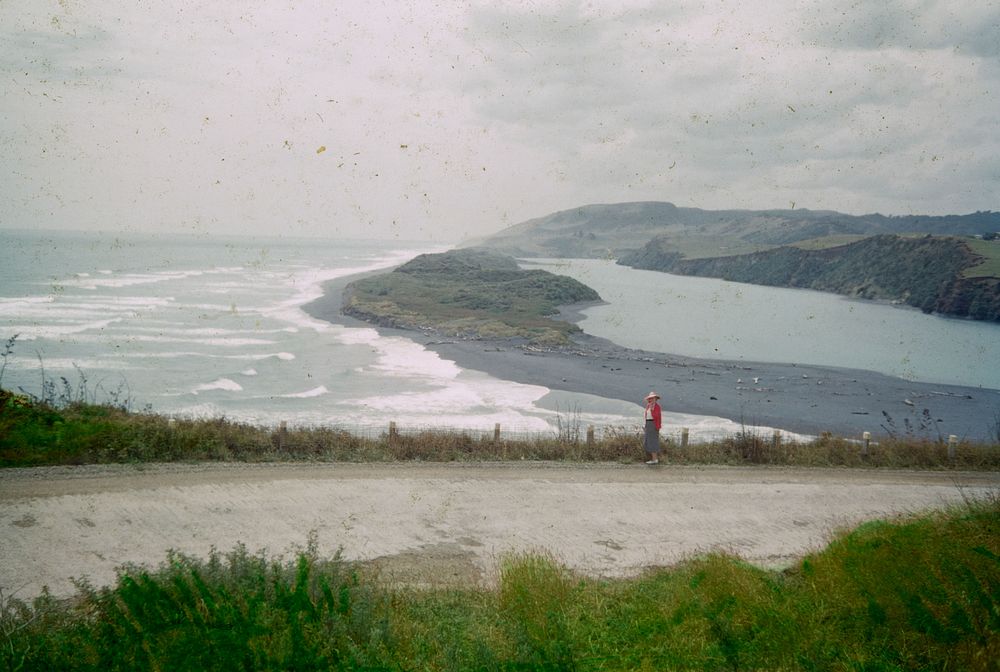 Mouth of the Awakino River with a large sand-spit (02 February 1960) by Leslie Adkin.