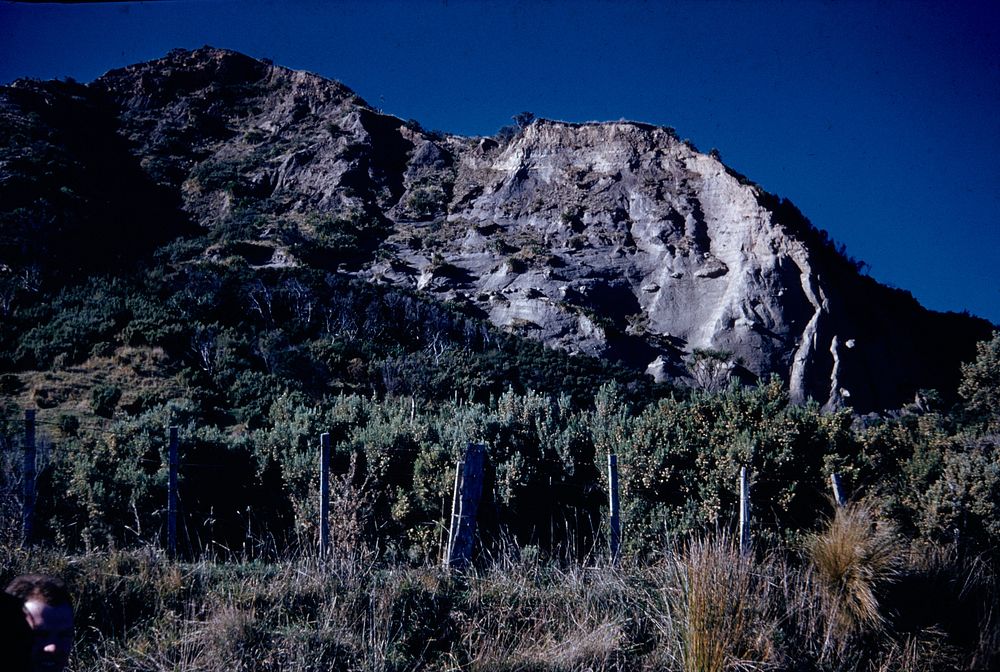 The impregnable cliff-top citadel (or refuge) at mouth of Putangirua River (right bank) ... (28 May 1961) by Leslie Adkin.