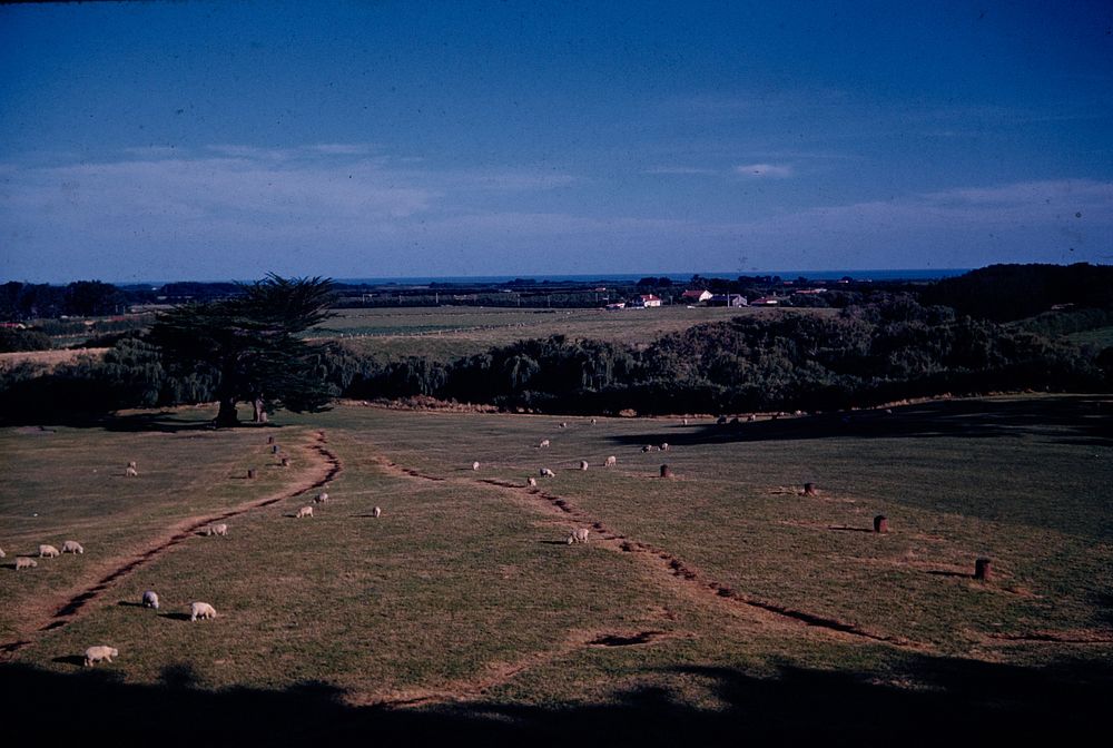 The Waimate Plains at Manaia, looking SE from watch-tower of Manaia Redoubt ... (19 February 1961) by Leslie Adkin.