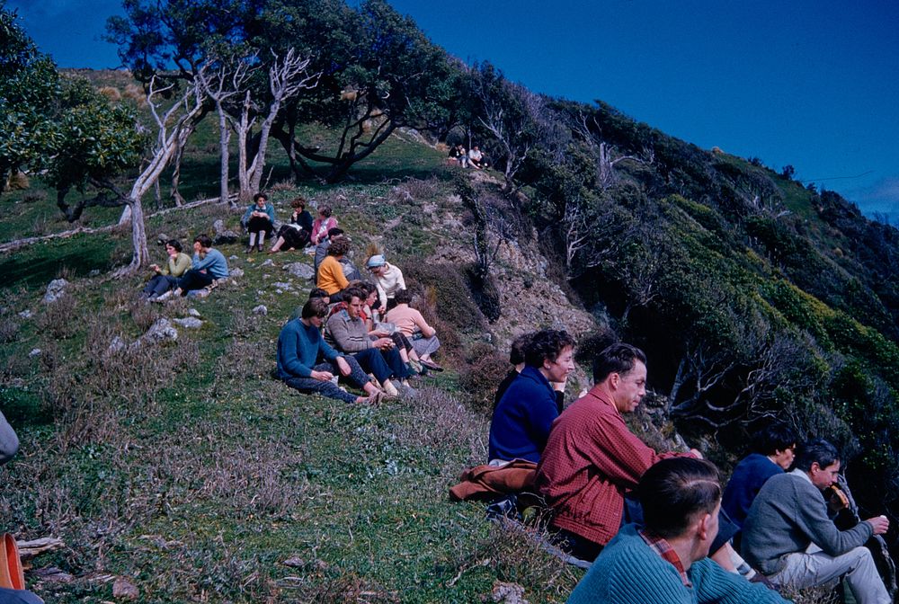 Archaeological party at lunch on crest of inland cliff directly above Paekakariki railway station (18 September 1960) by…