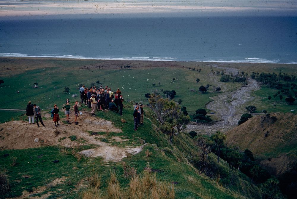 View from above of Pukehuiake pa-citadel located high above coastal flat on a narrow spur-crest .... (15 May 1960) by Leslie…