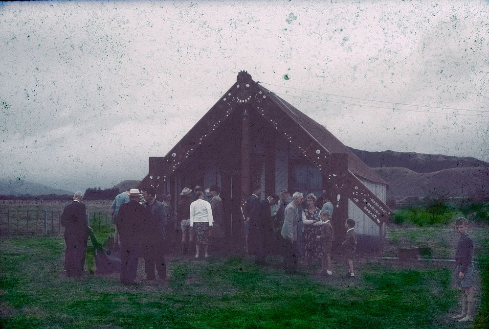 Party at Tukorehe meeting house, Kuka, to shelter from passing rain shower (04 March 1962) by Leslie Adkin.