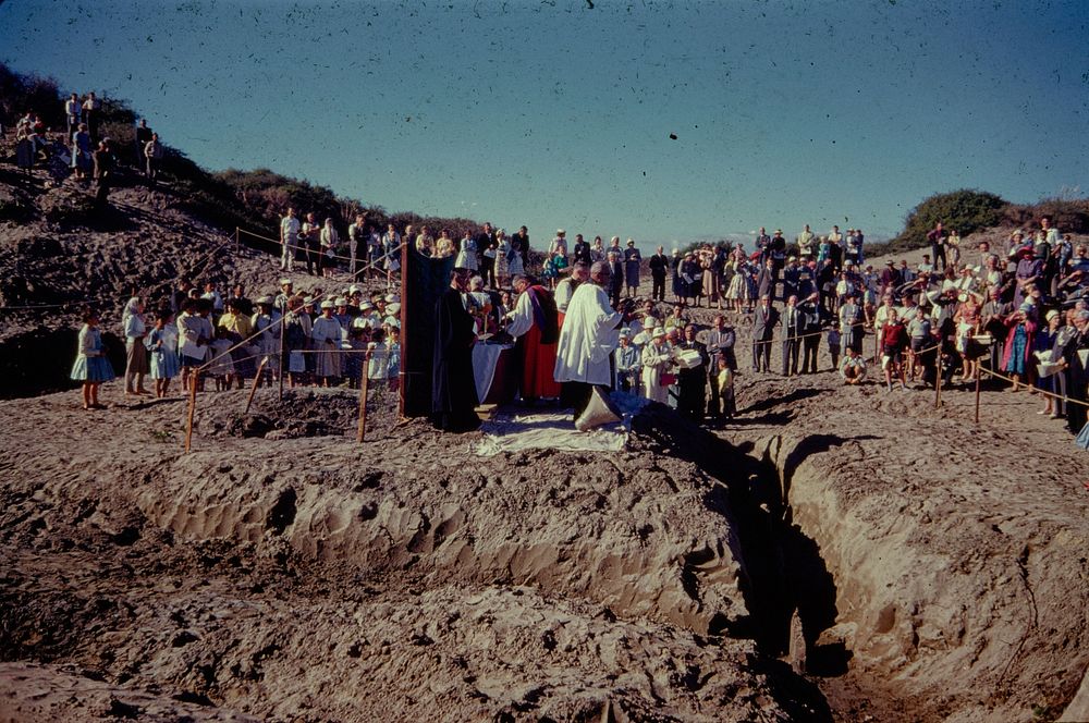 Thanksgiving service in progress - shows trench excavated along SE wall of building .... (09 April 1961) by Leslie Adkin.