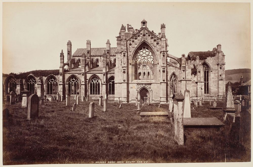 Melrose Abbey From South.  From the album: "Photographs" album of Scottish Scenery (circa 1890) by James Valentine and Sons.