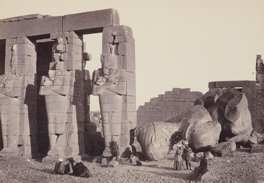 Osridae pillars and great fallen colossus, the Memnonium, Thebes. From the album: Francis Frith, 'Egypt and Palestine…