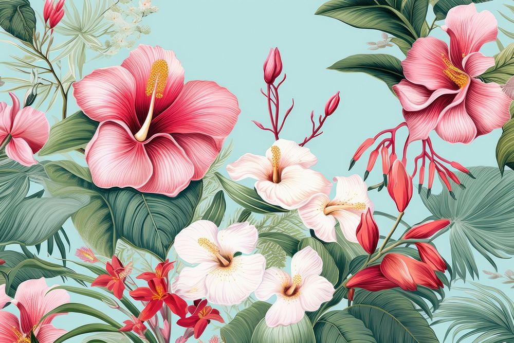 Tropical flowers pattern backgrounds plant rose. AI generated Image by rawpixel.