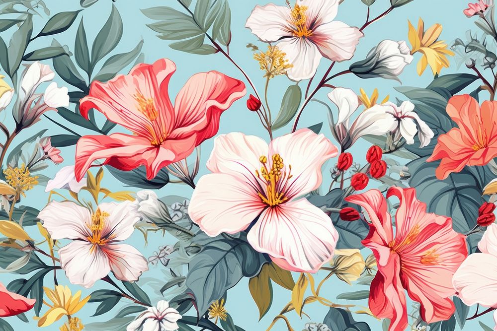 Tropical flowers pattern backgrounds hibiscus plant. AI generated Image by rawpixel.