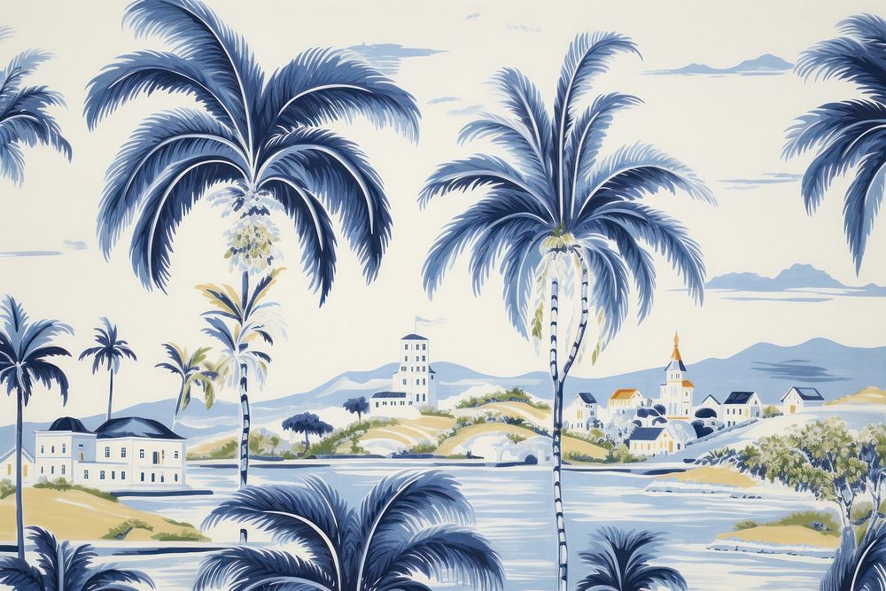 Wallpaper background of palm trees and houses backgrounds outdoors painting. 