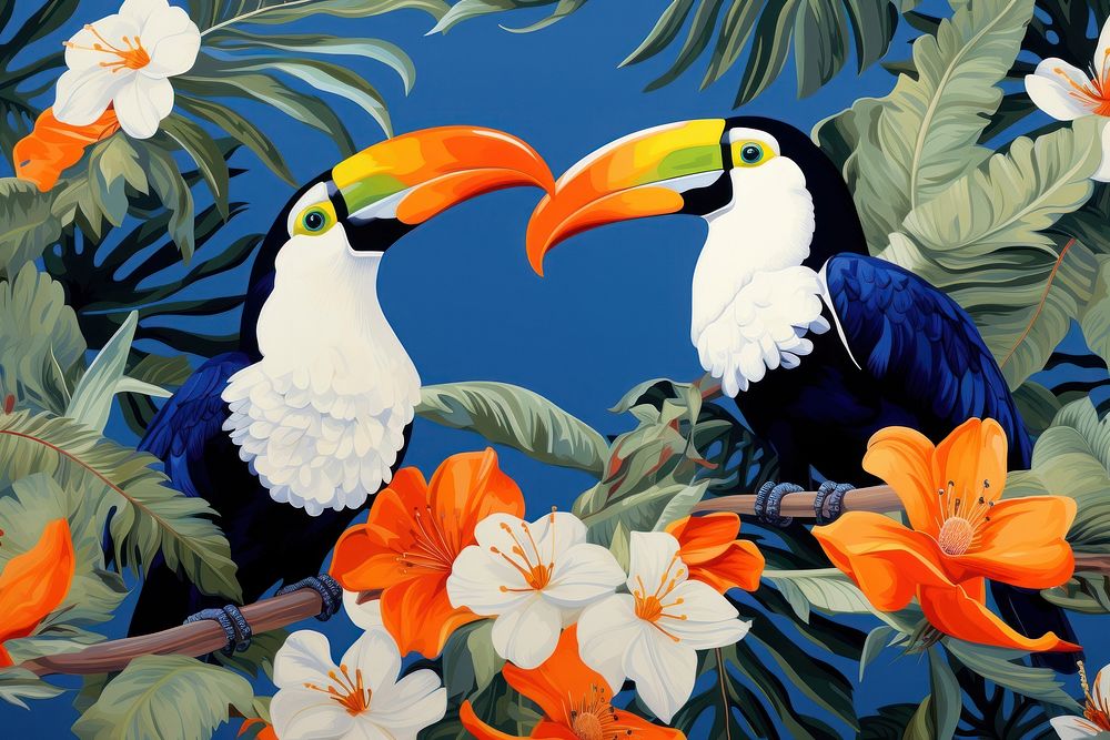 Wallpaper background of minimal toucan and tropical flowers outdoors tropics animal. AI generated Image by rawpixel.