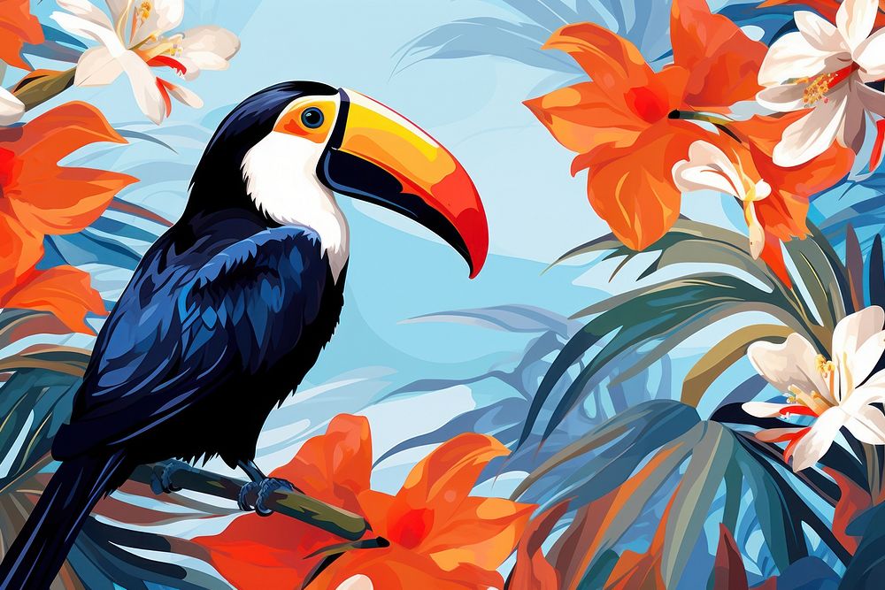 Wallpaper background of minimal toucan and tropical flowers tropics animal bird. AI generated Image by rawpixel.
