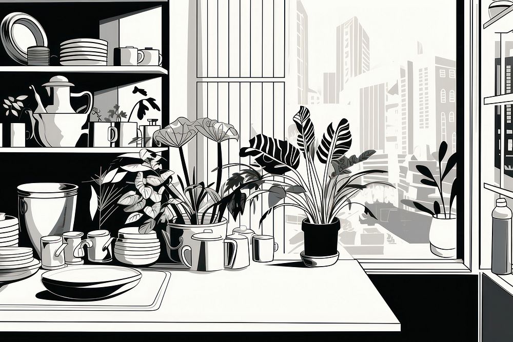 Kitchen plant furniture drawing. AI generated Image by rawpixel.