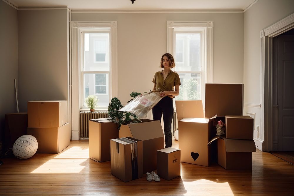 Young woman moving cardboard carton box. AI generated Image by rawpixel.