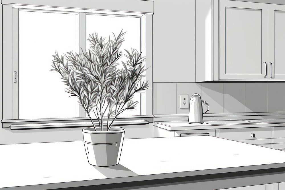 Kitchen room drawing windowsill sketch. AI generated Image by rawpixel.