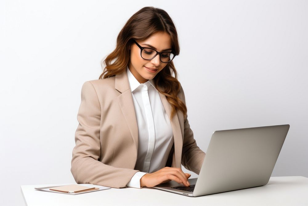 Businesswoman working computer sitting laptop. AI generated Image by rawpixel.