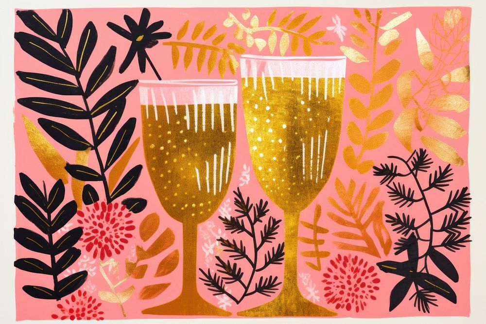 Gold pink silver hands cheers champagne glasses painting pattern art. AI generated Image by rawpixel.