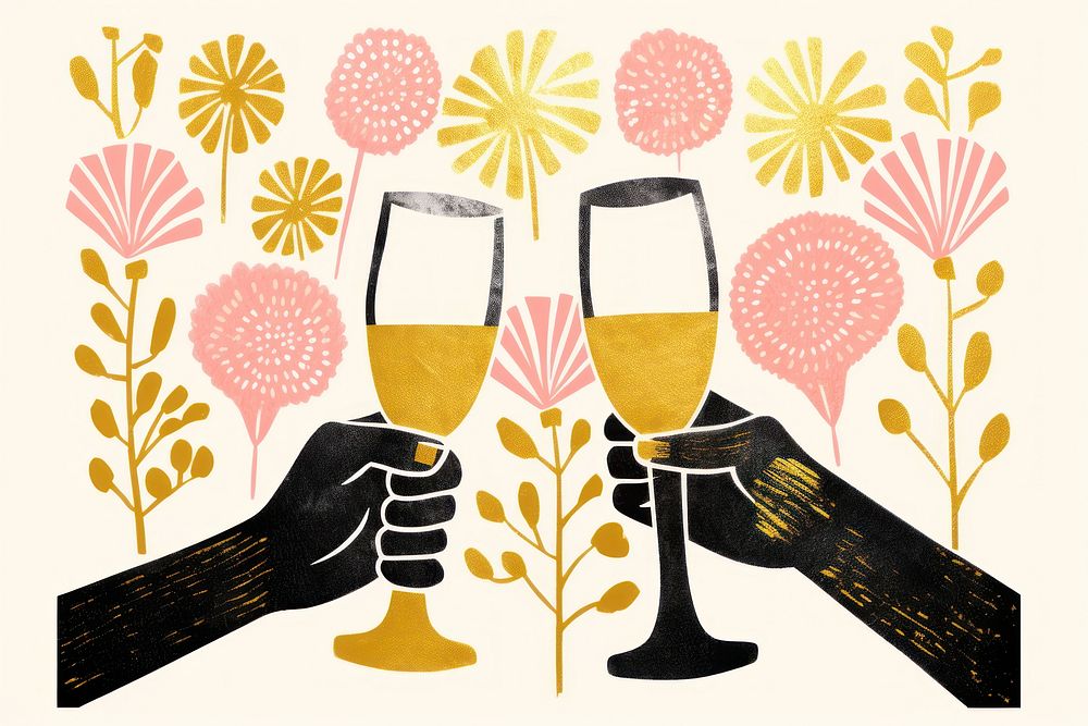 Gold pink silver hands cheers champagne glasses wine togetherness refreshment. AI generated Image by rawpixel.