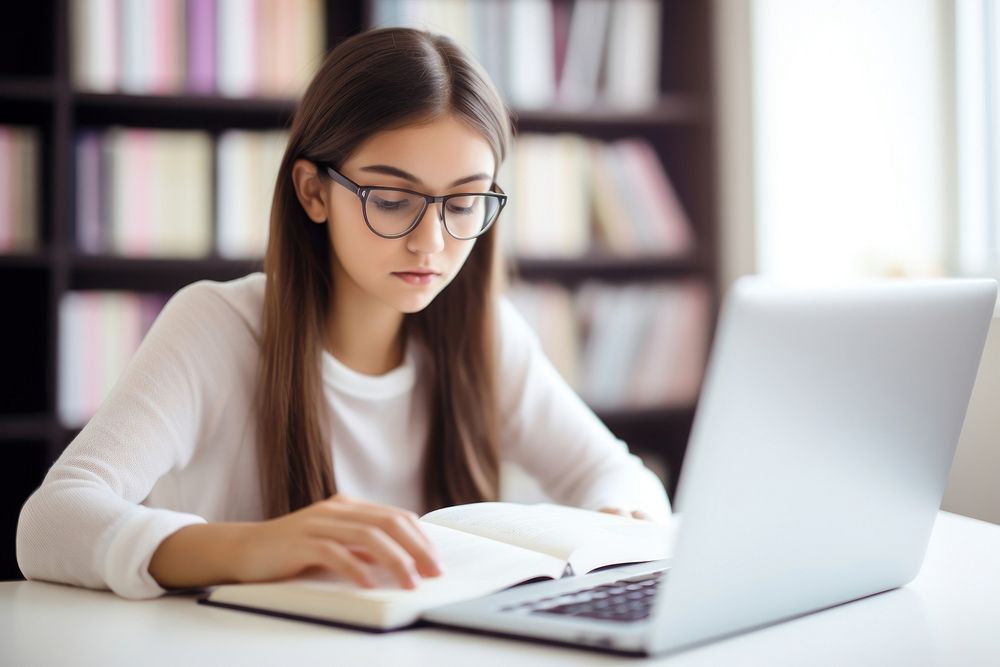 Girl studying online laptop education computer. 