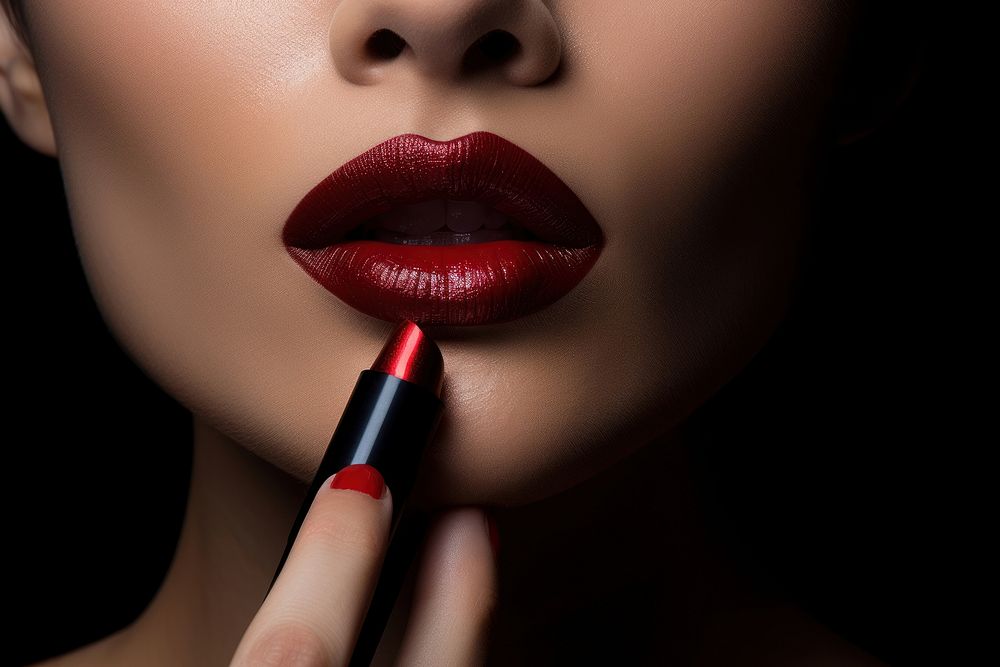 Woman applying lipstick cosmetics black black background. 