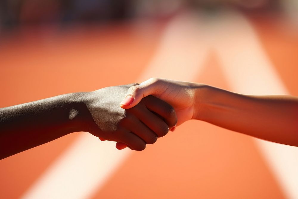 Passing a relay aluminum baton hand handshake agreement. AI generated Image by rawpixel.