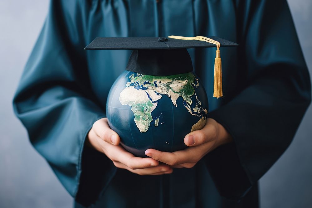 Hand holding earth globe with graduation cap education people intelligence. AI generated Image by rawpixel.