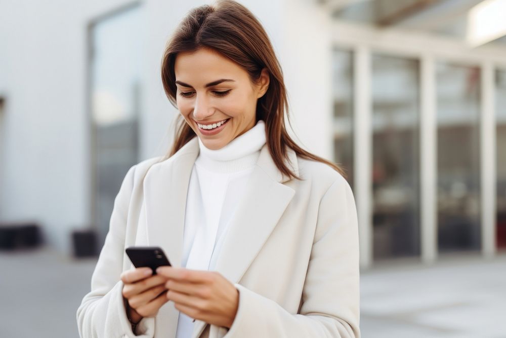 Scandinavian woman using mobile phone happy city architecture. AI generated Image by rawpixel.