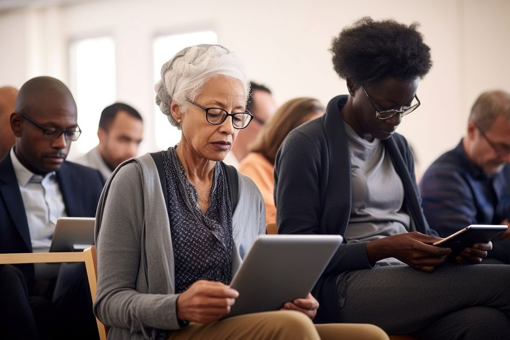 Senior woman and her African American professors adult education computer. AI generated Image by rawpixel.