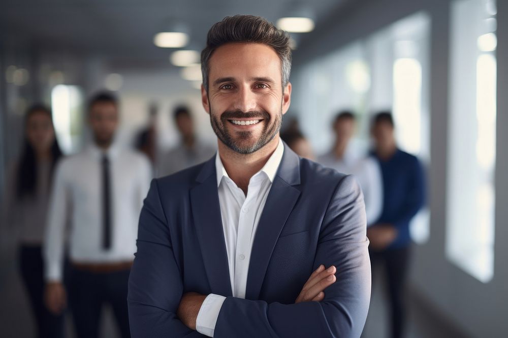 Confident business leader standing smiling office. AI generated Image by rawpixel.