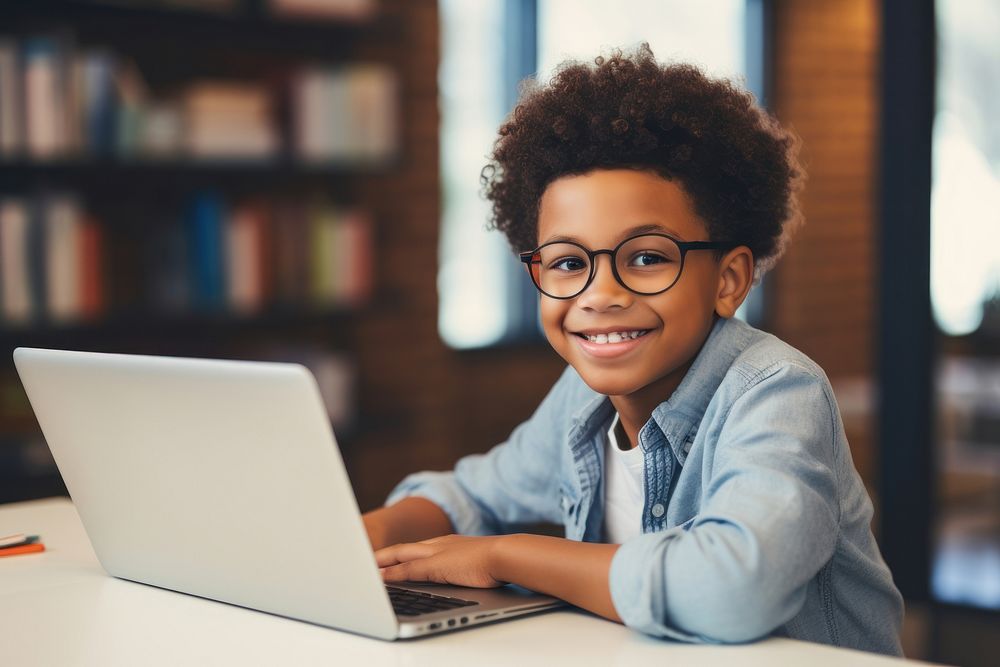 African American child schoolboy studying online laptop education computer. AI generated Image by rawpixel.