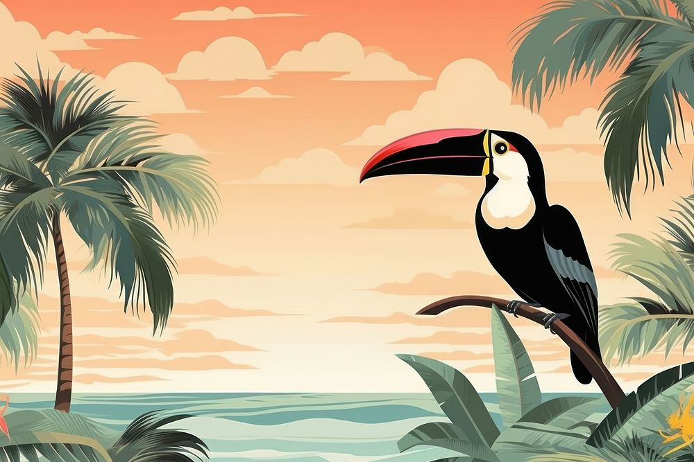 Minimal tropical beach with toucan wallpaper outdoors tropics nature. AI generated Image by rawpixel.