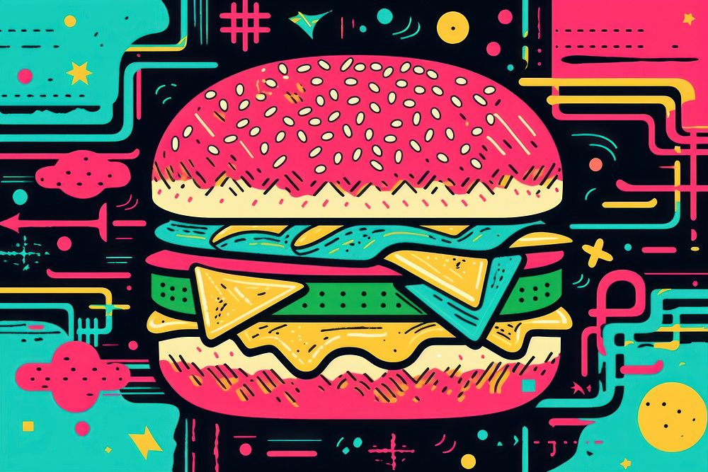 Abstract memphis hamburger illustration food technology freshness. AI generated Image by rawpixel.