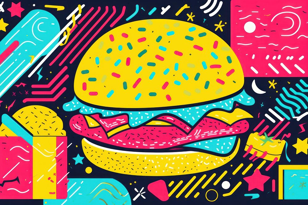 Abstract memphis hamburger illustration food illustrated creativity. AI generated Image by rawpixel.