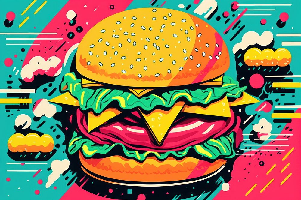 Abstract memphis hamburger illustration food advertisement freshness. AI generated Image by rawpixel.