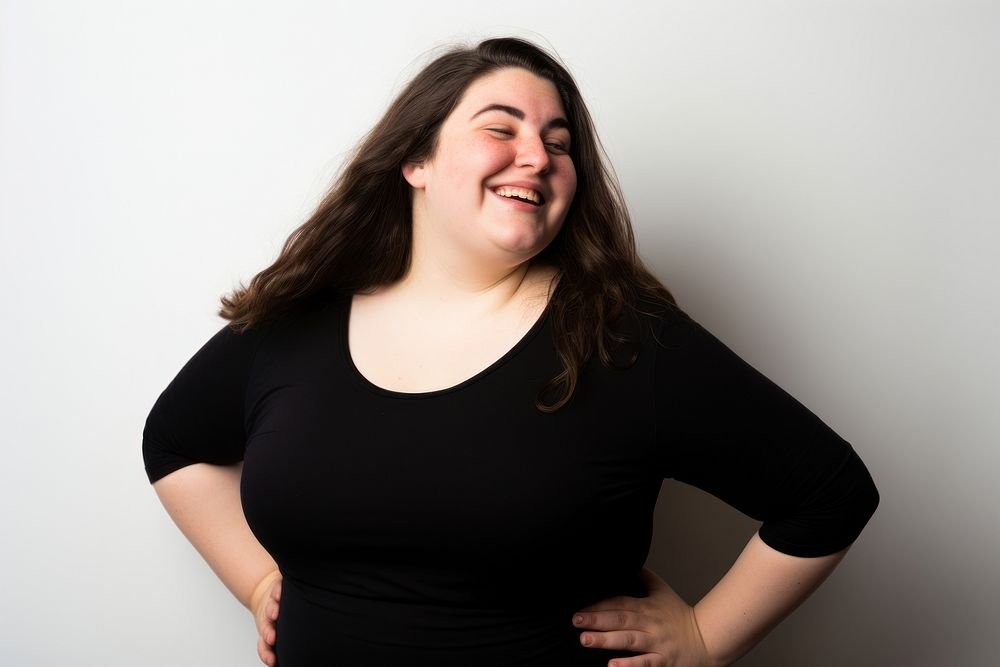 Chubby woman portrait laughing smiling. AI generated Image by rawpixel.