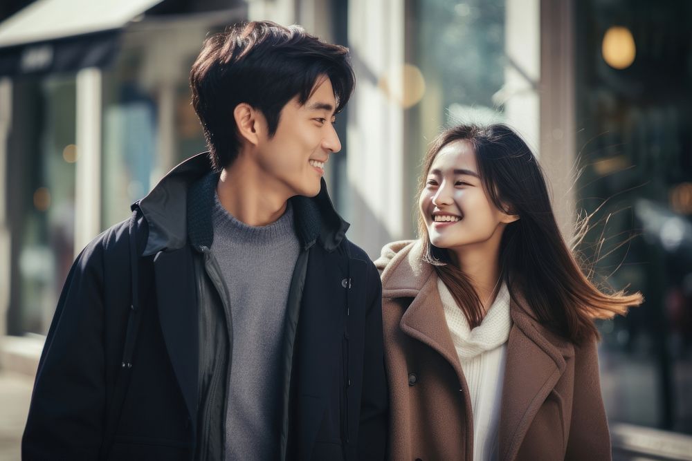 Korean couple laughing street adult. AI generated Image by rawpixel.
