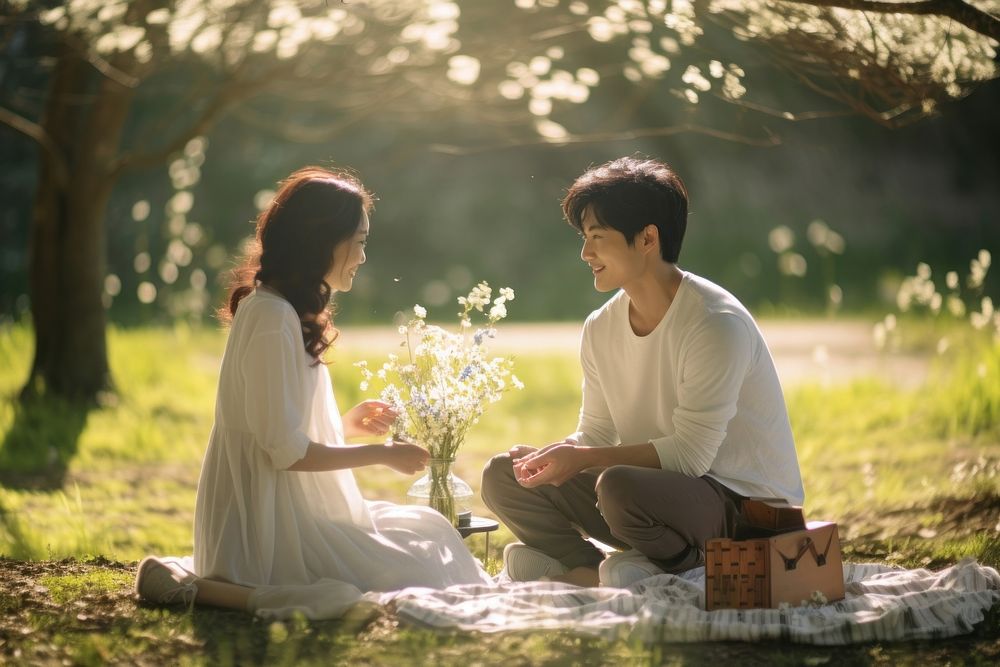 Young Korean couple picnic adult togetherness. AI generated Image by rawpixel.