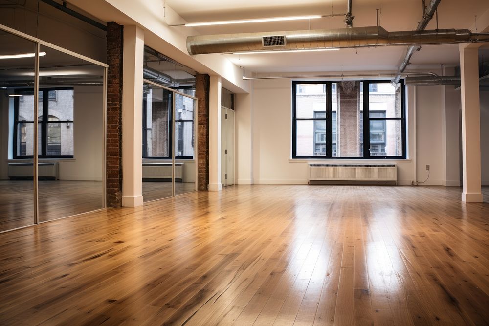 Empty coworking office flooring hardwood architecture. AI generated Image by rawpixel.