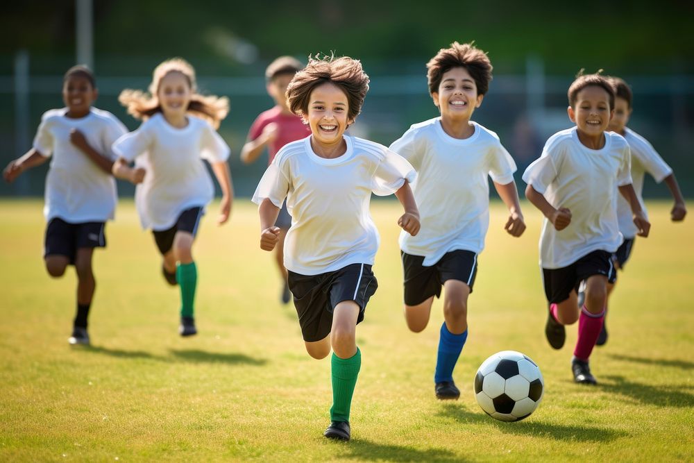 Kids playing soccer football sports cheerful. AI generated Image by rawpixel.