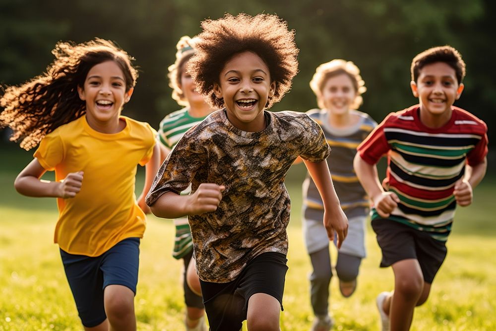 Children playing football cheerful running grass. AI generated Image by rawpixel.