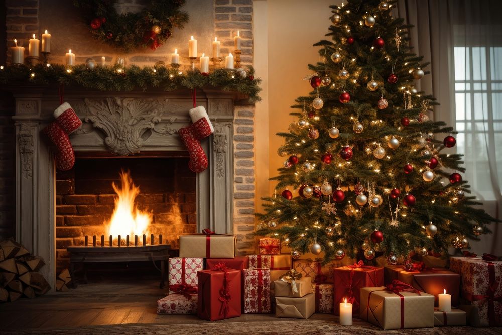 Christmas house decoration fireplace hearth gift. AI generated Image by rawpixel.