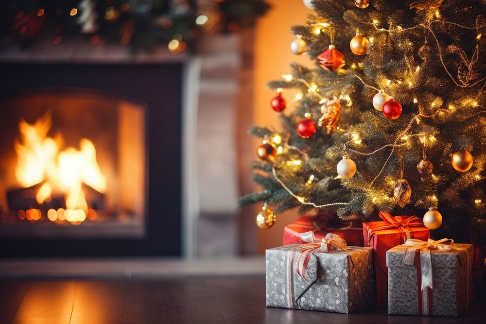 Christmas tree fireplace anticipation illuminated. AI generated Image by rawpixel.