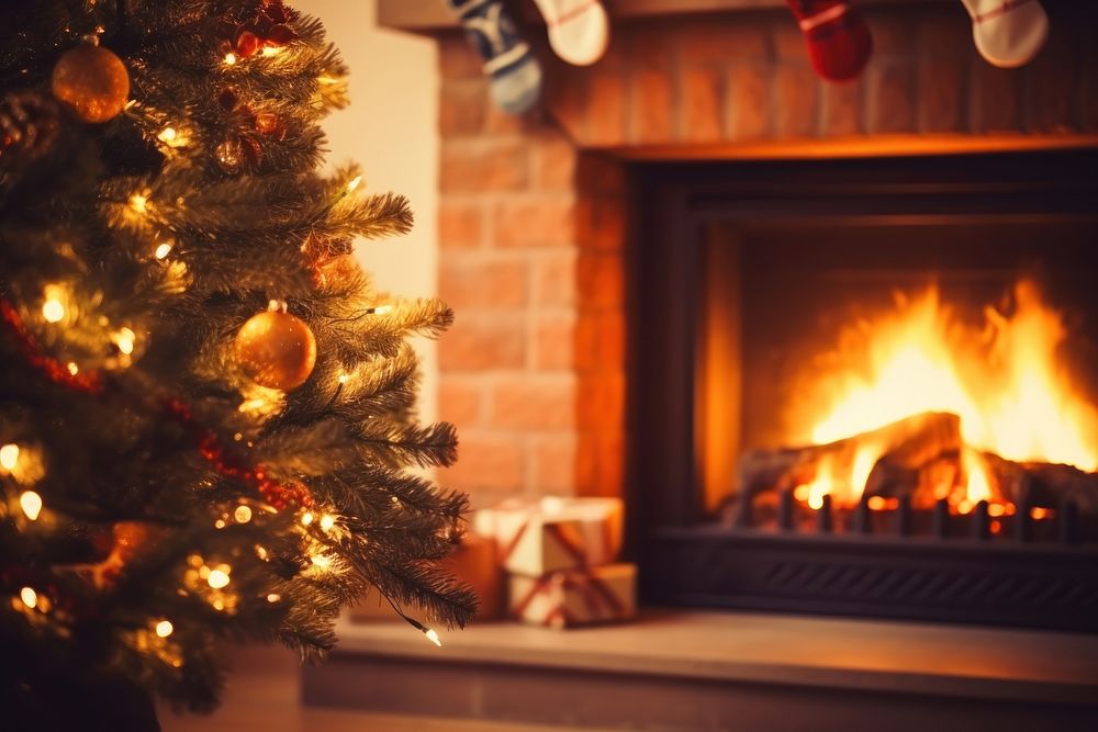 Christmas tree fireplace hearth illuminated. AI generated Image by rawpixel.