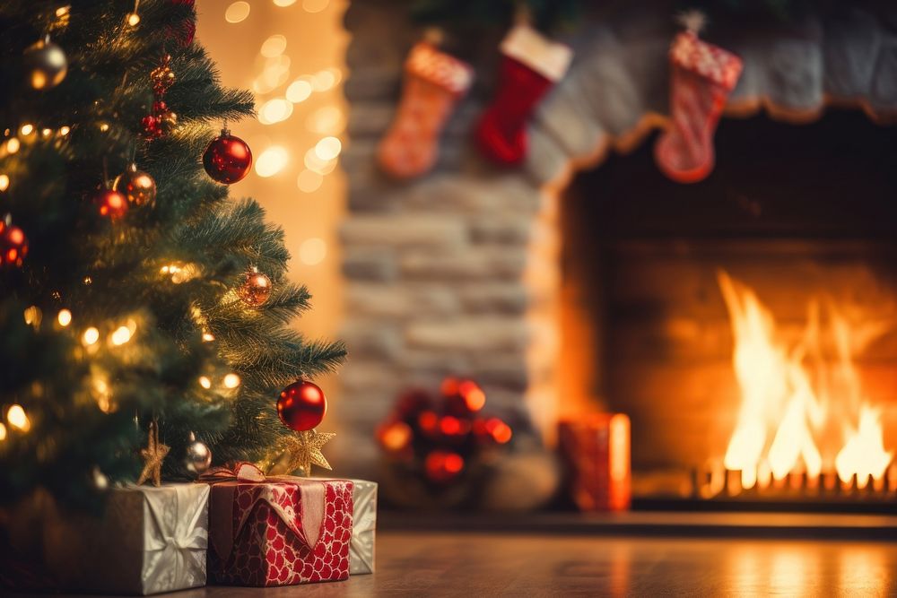Christmas tree fireplace anticipation illuminated. AI generated Image by rawpixel.