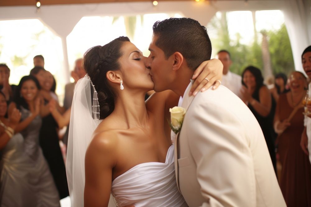 Hispanic kissing wedding bride. AI generated Image by rawpixel.