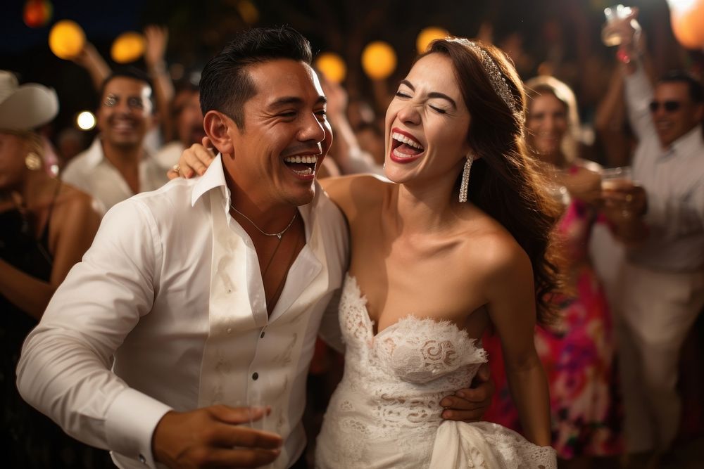 Hispanic couple wedding laughing adult. AI generated Image by rawpixel.