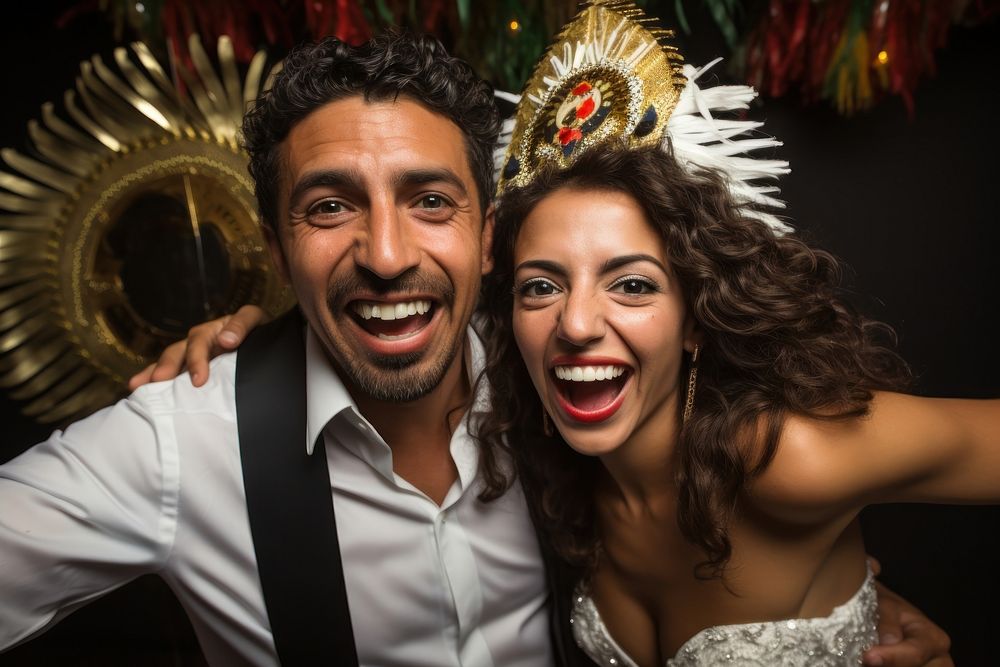 Hispanic couple wedding laughing portrait. AI generated Image by rawpixel.