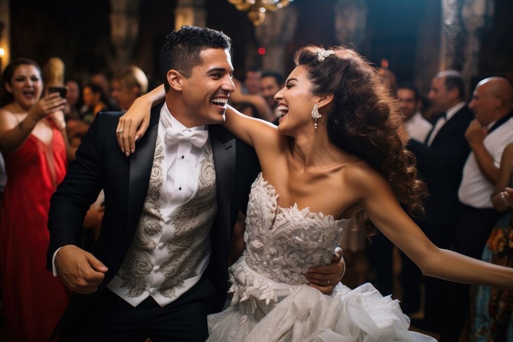 Hispanic couple wedding laughing fashion. AI generated Image by rawpixel.