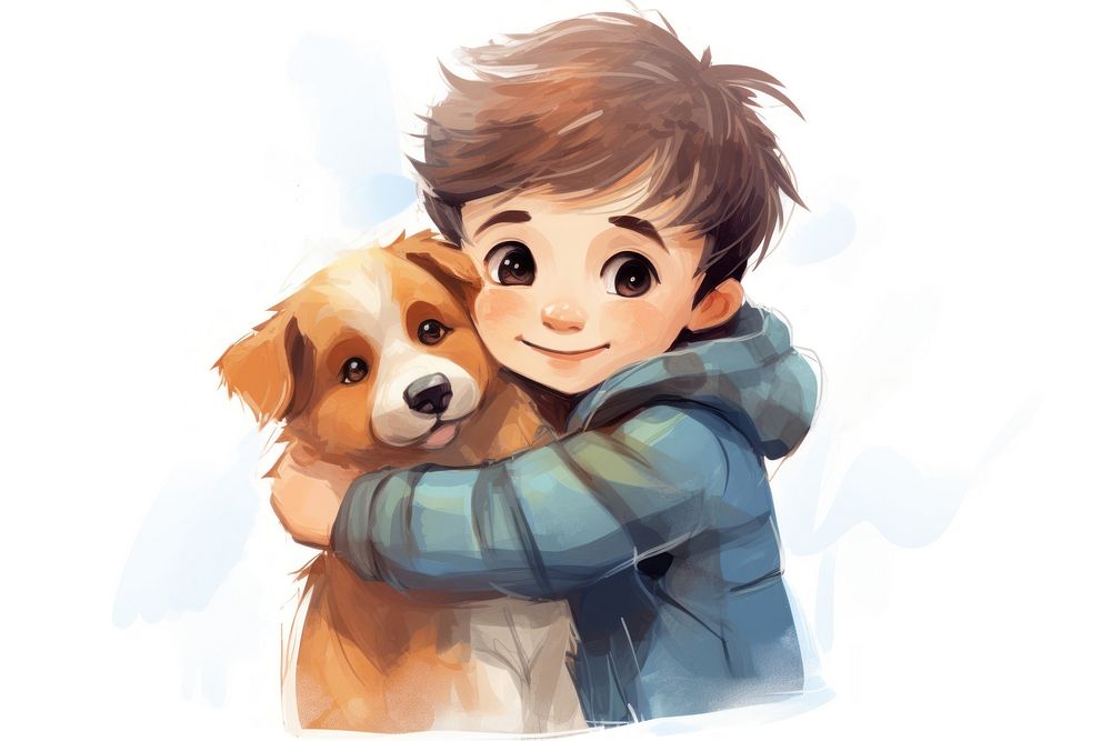 Boy hug a dog portrait mammal puppy. AI generated Image by rawpixel.
