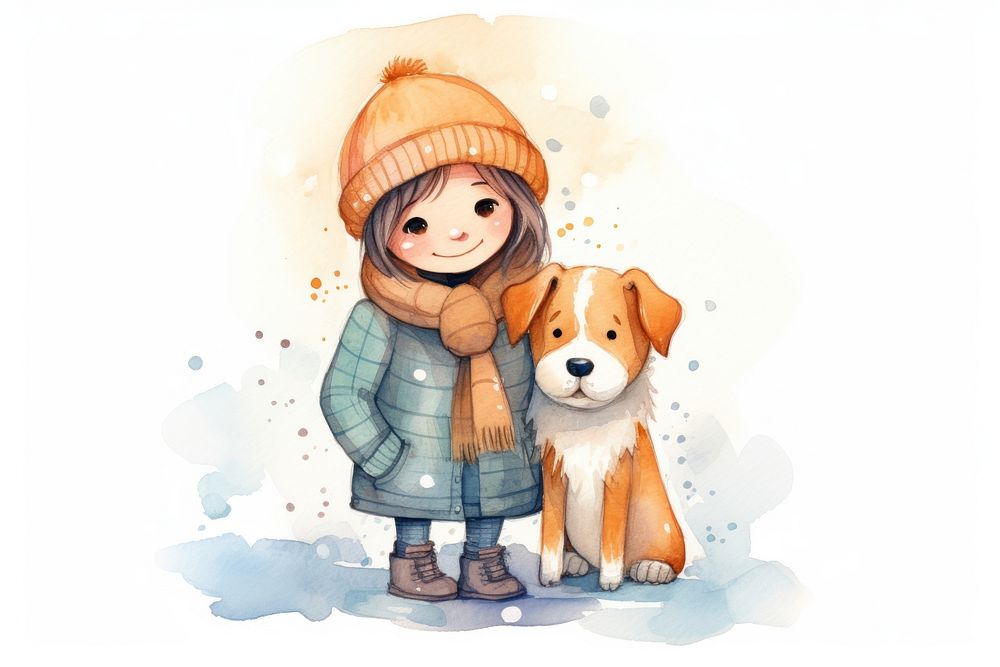 Girl hug a dog representation portrait drawing. AI generated Image by rawpixel.