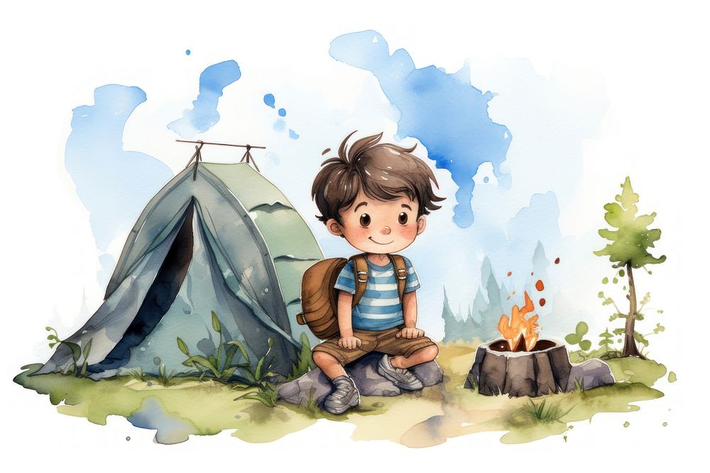 Boy camping outdoors cute tent. AI generated Image by rawpixel.
